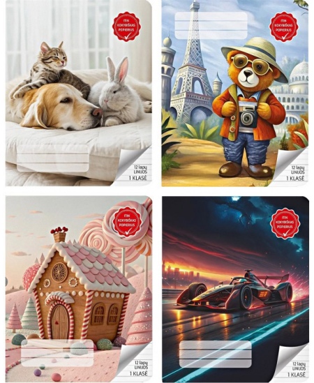 Sąsiuvinis linijomis GYVŪNĖLIAI, 1 klasei, 12 lapų, 100 gsm