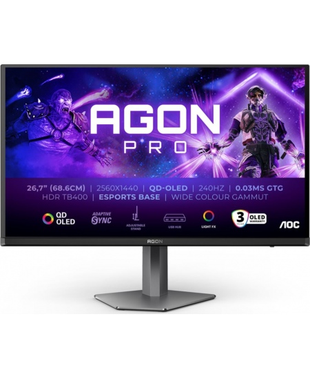 AOC AG276QZD2 | 26.7 " | OLED | QHD | 16:9 | 240 Hz | 0.03 ms | 2560 x 1440 pixels | 250 cd/m² | HDMI ports quantity 2