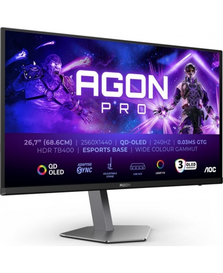 AOC AG276QZD2 | 26.7 " | OLED | QHD | 16:9 | 240 Hz | 0.03 ms | 2560 x 1440 pixels | 250 cd/m² | HDMI ports quantity 2