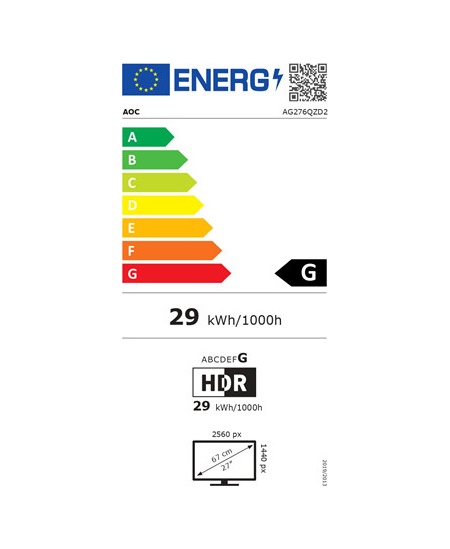AOC AG276QZD2 | 26.7 " | OLED | QHD | 16:9 | 240 Hz | 0.03 ms | 2560 x 1440 pixels | 250 cd/m² | HDMI ports quantity 2