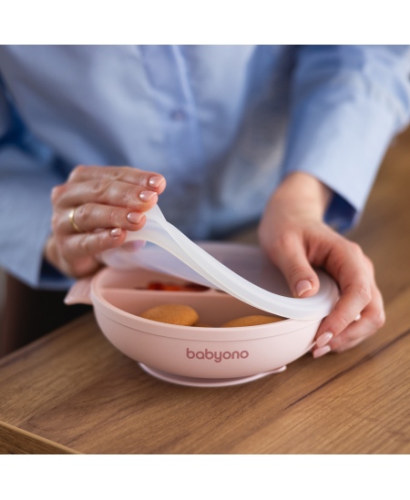 Babyono lėkštutė silikoninė neslystanti su dangteliu ir skyriais rožinė 1661/02