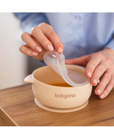 Babyono lėkštutė silikoninė neslystanti su dangteliu kreminė 1662/03