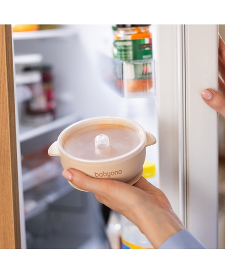 Babyono lėkštutė silikoninė neslystanti su dangteliu kreminė 1662/03