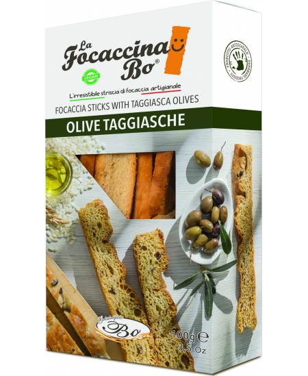 Duonos lazdelės FOCACCINA, Olive Taggiasche, su alyvuogėmis, ryžių aliejumi, 100 g