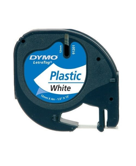 Juostelė DYMO LetraTag, 12 mm x 4 m, plastikinė, juodas šriftas, balta juostelė