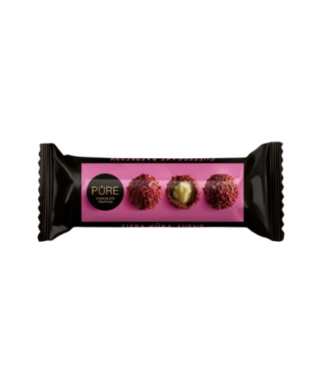 Pieniško šokolado triufeliai PURE su sūrio pyrago skonio grietinėlės įdaru ir aviečių papuošimu,32g