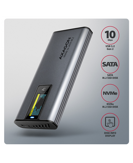 AXAGON External USB-C 10Gbps metal box with info display for M.2 NVMe and SATA SSD | EEM2-SD2