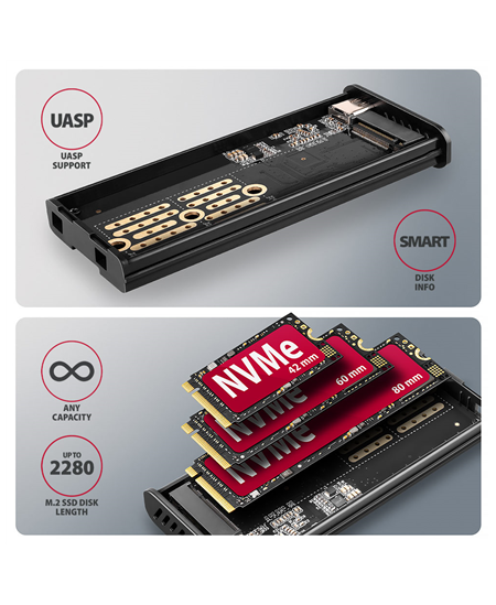 AXAGON External USB-C 10Gbps metal box with info display for M.2 NVMe and SATA SSD | EEM2-SD2