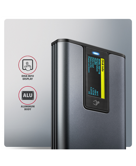 AXAGON External USB-C 10Gbps metal box with info display for M.2 NVMe and SATA SSD | EEM2-SD2