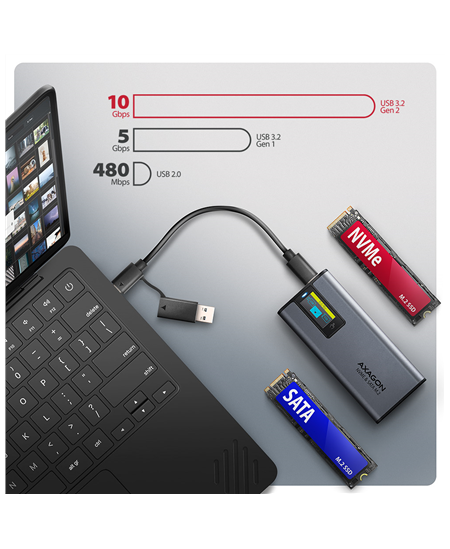 AXAGON External USB-C 10Gbps metal box with info display for M.2 NVMe and SATA SSD | EEM2-SD2