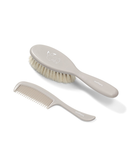 Šepetys ir šukutės BabyOno natūralių, ypatingai minkštų šerių, pilkos spalvos