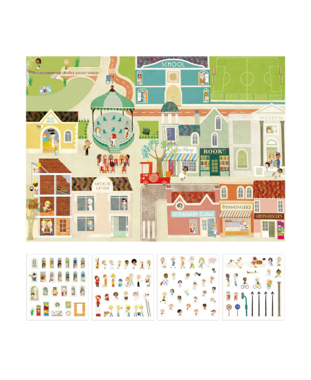 Didelis plakatas su daugkartiniais lipdukais Apli Kids „MIESTAS“