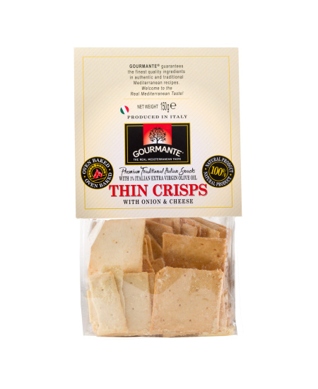 Krekeriai Thin Crisps GOURMANTE, su svogūnais ir sūriu, 150 g