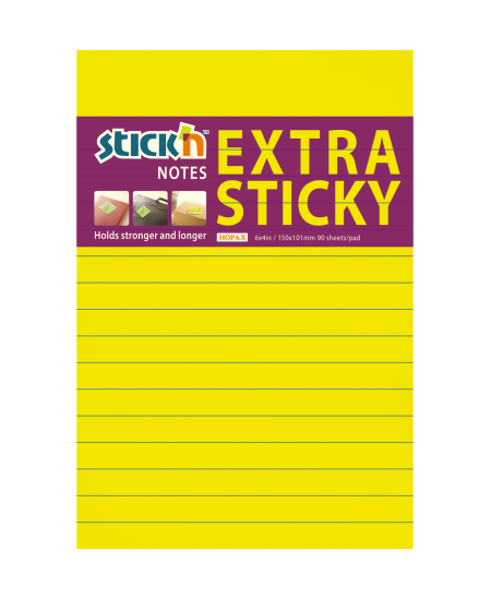 Itin lipnūs lapeliai STICK´N, 150 × 101 mm, su linijomis, 90 lapelių, neoninės geltonos