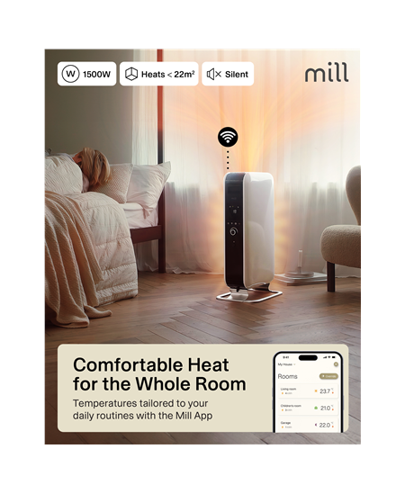 Mill Heater OIL1500WIFI3 GEN3 Oil Filled Radiator, 1500 W, Number of power levels 3, Suitable for rooms up to 25 m², White/Blac