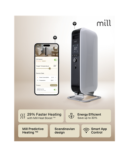 Mill Heater OIL1500WIFI3 GEN3 Oil Filled Radiator, 1500 W, Number of power levels 3, Suitable for rooms up to 25 m², White/Blac