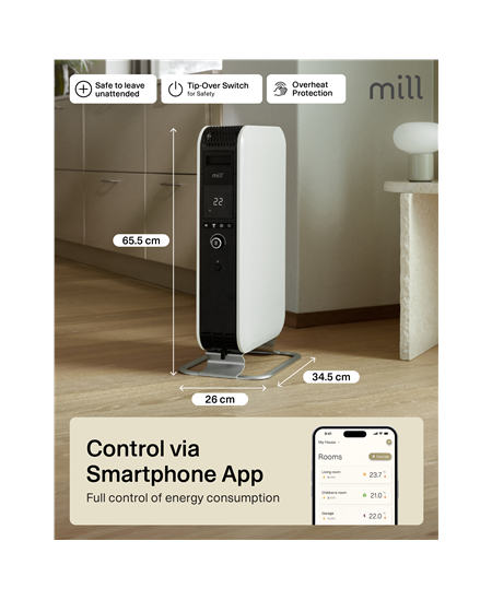 Mill Heater OIL1500WIFI3 GEN3 Oil Filled Radiator, 1500 W, Number of power levels 3, Suitable for rooms up to 25 m², White/Blac
