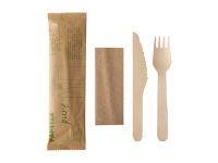 Įrankių rinkinys PAPSTAR, šakutė, peilis, servėtėlė, mediniai, higieninėje pakuotėje 50 vnt.