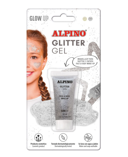 Veido grimo gelis ALPINO Glitter, sidabrinis, su blizgučiais, 14 ml