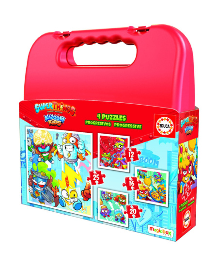 Dėlionės lagamine EDUCA Superthings, 12+16+20+25 detalių