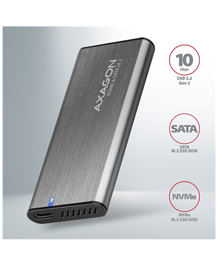 AXAGON External USB-C 3.2 Gen 2 metal box for M.2 NVMe & SATA SSD disks | EEM2-SG2