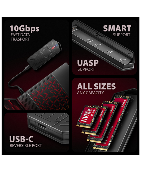 AXAGON USB-C 10Gbps - M.2 NVMe and SATA SSD GAME M.2 box | EEM2-GAM