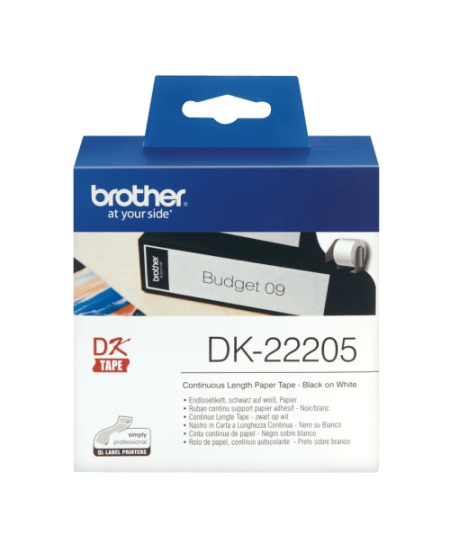 Brother DK-22205 (DK22205) Continuous Paper Label Roll, Black on White, 62mm, 30.48m