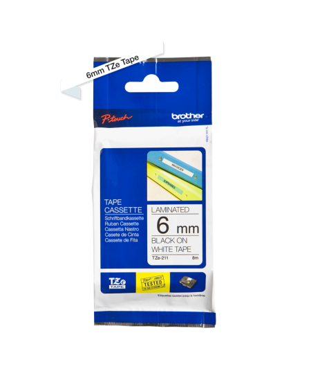 Brother TZe-211 (TZE211) Laminuotos ženklinimo juostos kasetė P-touch, Black on White 6mm, 8m