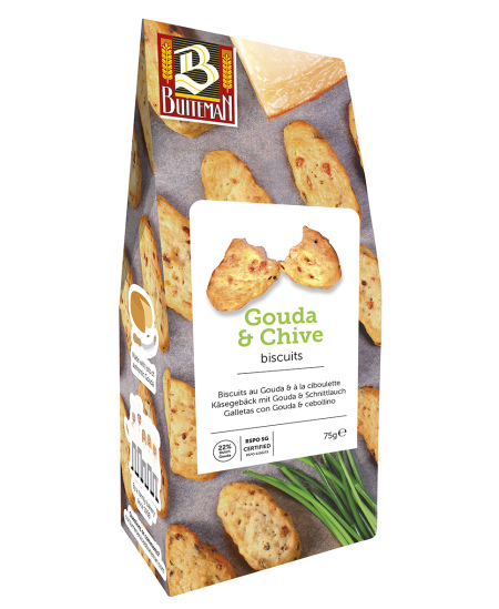 Sūrio sausainiai BUITEMAN, su brandintu Gouda sūriu ir svogūnų laiškais, 75 g