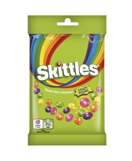Kramtomieji saldainiai SKITTLES Crazy Sours rūgštūs vaisių skonio traškiame cukraus glajuje, 95 g