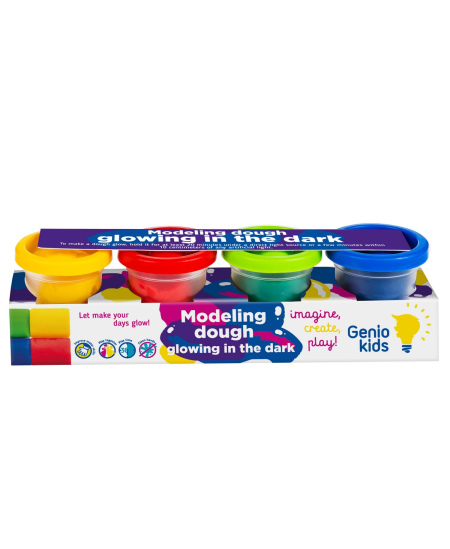 Natūralus plastilinas-modelinas GENIO KIDS, 4 šviečiančios tamsoje spalvos, 4 x 50 g