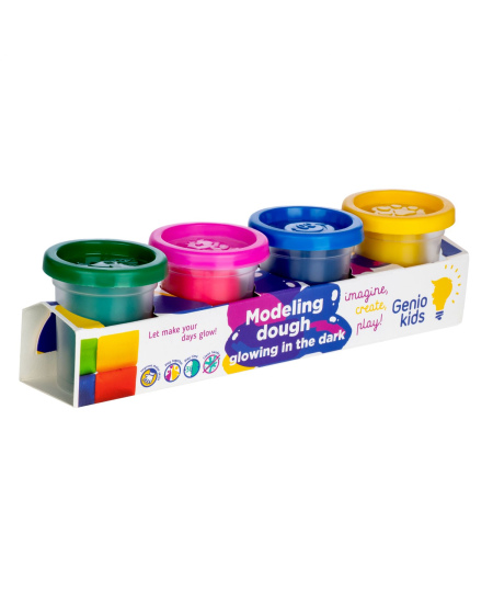 Natūralus plastilinas-modelinas GENIO KIDS, 4 šviečiančios tamsoje spalvos, 4 x 50 g