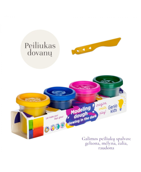 Natūralus plastilinas-modelinas GENIO KIDS, 4 šviečiančios tamsoje spalvos, 4 x 50 g
