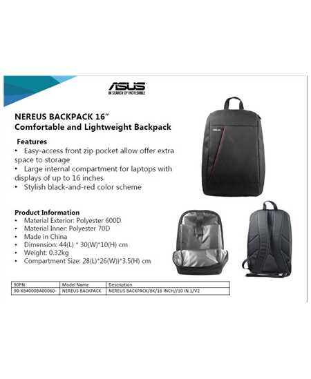 Asus NEREUS Fits up to size 16 ", Black, Backpack