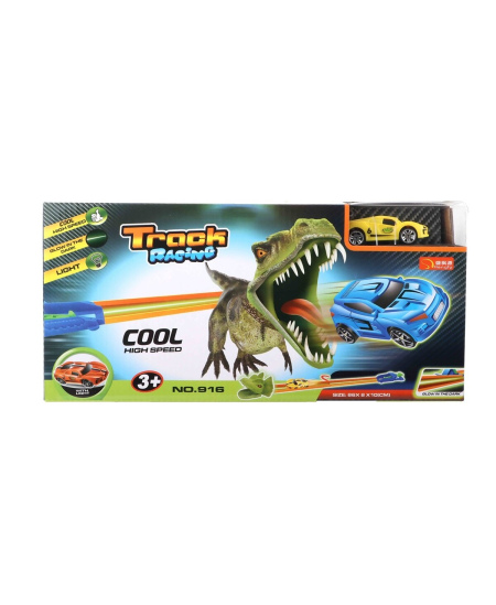 Dinozaurų lenktyninė trasa su mašinėlėmis, šviečianti tamsoje