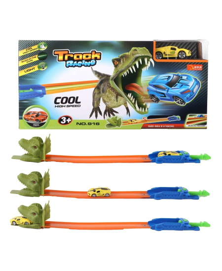 Dinozaurų lenktyninė trasa su mašinėlėmis, šviečianti tamsoje