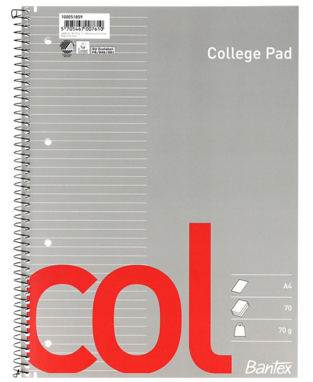 Sąsiuvinis su spirale COLLEGE, A4, 70 lapų, su perforacija, linija