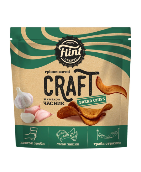 Duonos traškučiai FLINT, Craft, vingiuoti, česnakų skonio, 80 g