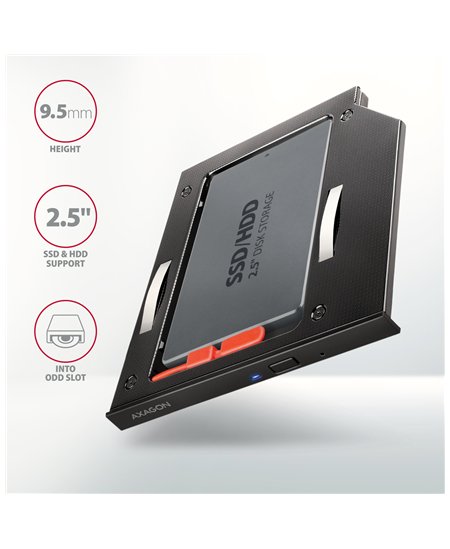 AXAGON Optical disk drive caddy for 2.5“ SSD/HDD. LED, 9.5 mm, Aluminum | RSS-CD09