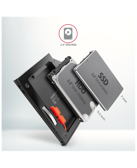 AXAGON Optical disk drive caddy for 2.5“ SSD/HDD. LED, 9.5 mm, Aluminum | RSS-CD09