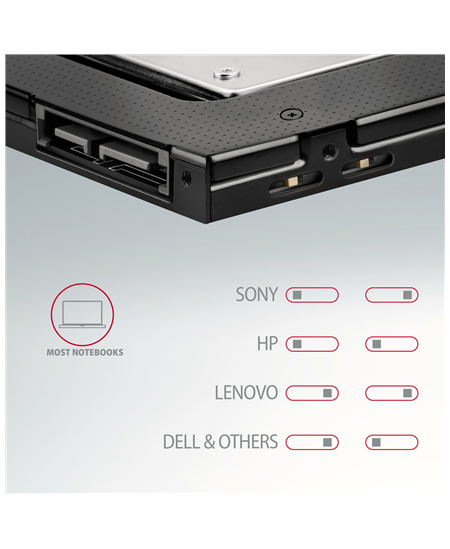 AXAGON Optical disk drive caddy for 2.5“ SSD/HDD. LED, 9.5 mm, Aluminum | RSS-CD09