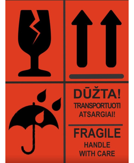 Informacinis lipdukas  DŪŽTA/FRAGILE, 50 vnt., raudonos spalvos.