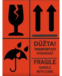 Informacinis lipdukas  DŪŽTA/FRAGILE, 50 vnt., raudonos spalvos.