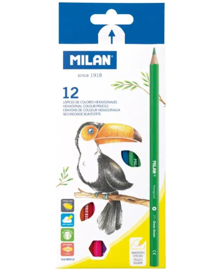Spalvoti pieštukai MILAN, šešiakampiai, 12 spalvų