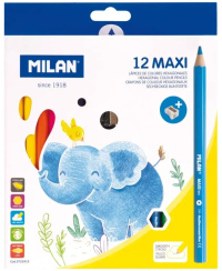 Spalvoti pieštukai su drožtuku MILAN Jumbo, šešiakampiai, 12 spalvų