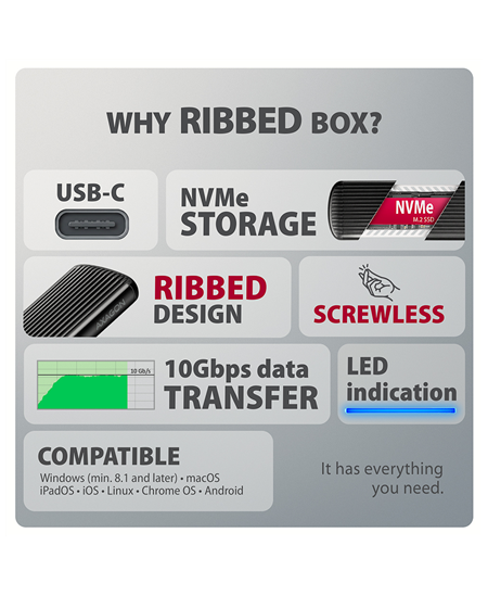 AXAGON USB-C 10Gbps M.2 NVMe SSD Enclosure, Screwless, RIBBED Aluminum | EEM2-SC