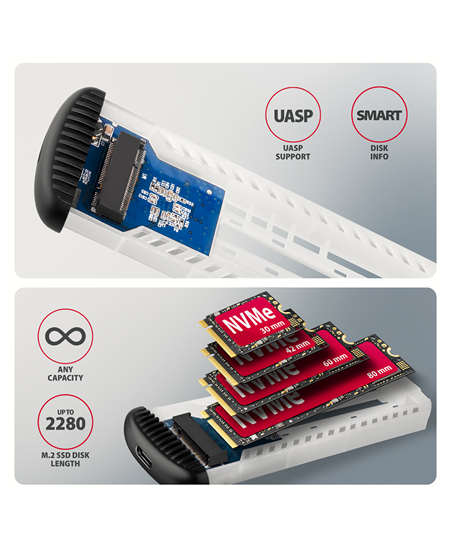 AXAGON USB-C 10Gbps M.2 NVMe SSD Enclosure, Screwless, RIBBED Aluminum | EEM2-SC