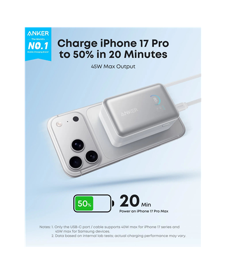 Anker Nano Power Bank 45W with Built-In Retractable USB-C Cable | A1638H21 | 10000 mAh | White