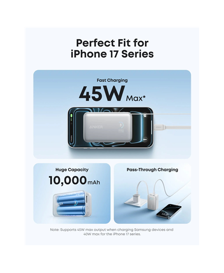 Anker Nano Power Bank 45W with Built-In Retractable USB-C Cable | A1638H21 | 10000 mAh | White