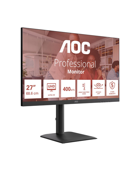 AOC | U27E4CV | 27 " | IPS | UHD | 16:9 | 60 Hz | 4 ms | 3840 x 2160 pixels | 400 cd/m² | HDMI ports quantity 2 | Black